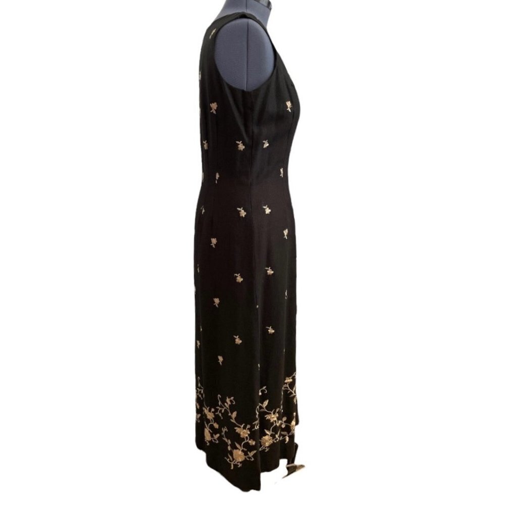 Vintage JACK MULQUEEN NY Women's Size 14 Black Linen Sheath Dress Tan Embroidery - Picture 2 of 8